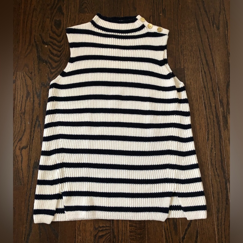 LOFT Women’s L Navy Blue/Cream Striped Knit Sleeveless Collared Wool Sweater